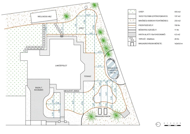 Setting-out plan with garden paths, dimension lines and a material legend