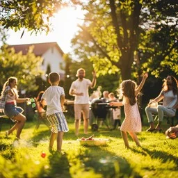 Family and children playing in a sunlit garden