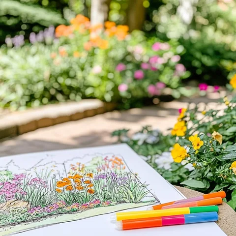 Coloured pencils and a drawing of a flowering garden outdoors