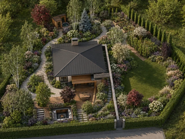 Bird’s-eye 3D garden view with a terrace, garden paths and lush planting