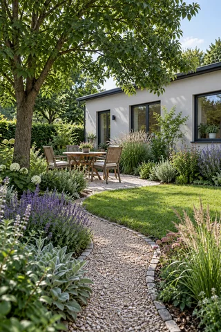 Mood illustration of a small office rest garden with shaded seating and flower beds