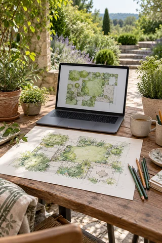 Mood illustration of online garden design: a garden sketch, laptop and potted plants on a table