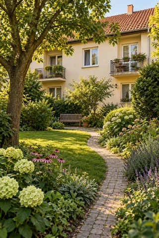 Mood illustration of a small suburban apartment building’s shared garden with flower beds and a bench