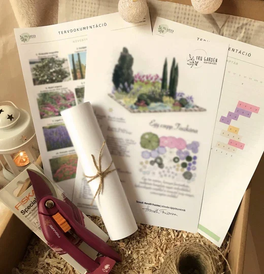 Fru Garden design documentation with a planting drawing and plant list