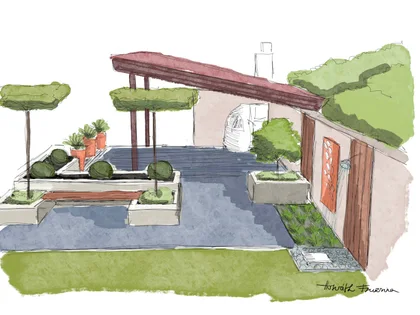 Handansicht einer überdachten Gartenterrasse mit Sitzmöbeln und Pflanzen am Belag