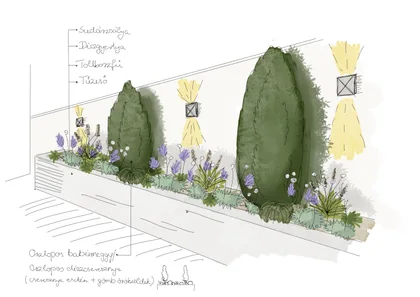 Handansicht eines erhöhten Wandbeets mit Immergrünen, Stauden und Wandleuchten