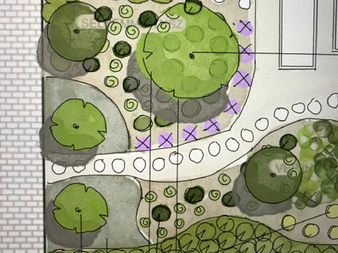 Garden concept detail with stepping stones, trees and coloured planting areas