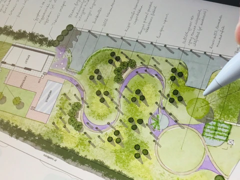 Hand-coloured garden concept detail with a curved path, lawns and plant groups