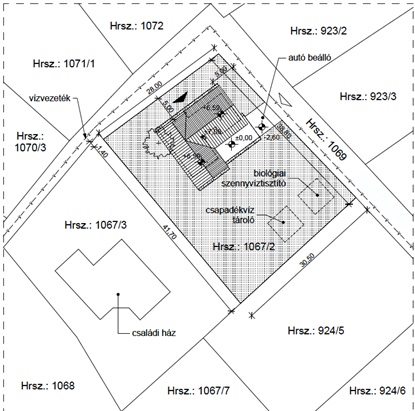 Example site plan showing boundaries, a building, dimensions and utility markings